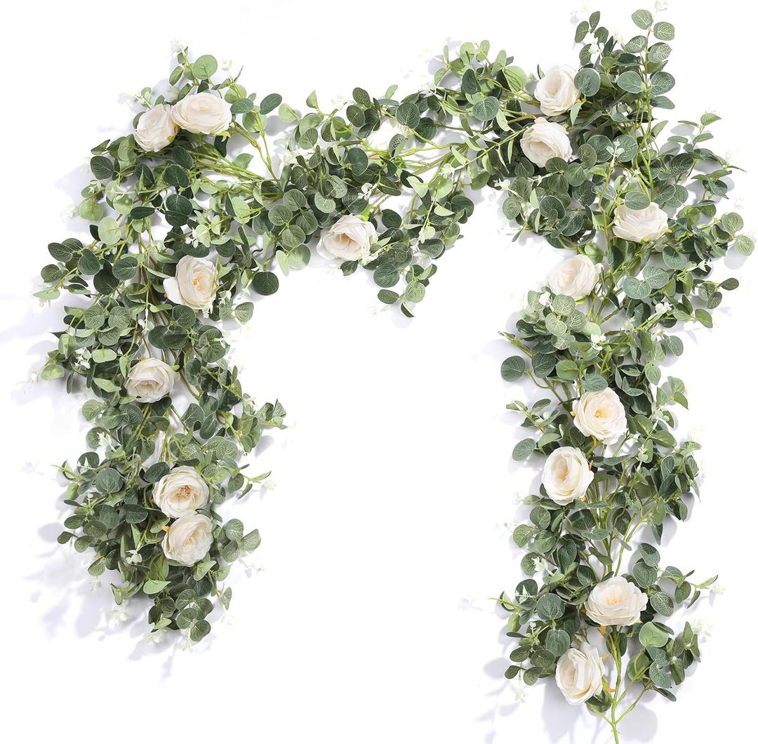 Der Rose 2 Pcs 13Ft Artificial Eucalyptus Flower Garland with Fake Rose Flower Vine Seeded Eucalyptus Leaves Greenery Garland for Wedding Table Runner Backdrop Party Centerpiece Room Decor (White) (White 2 Pcs)