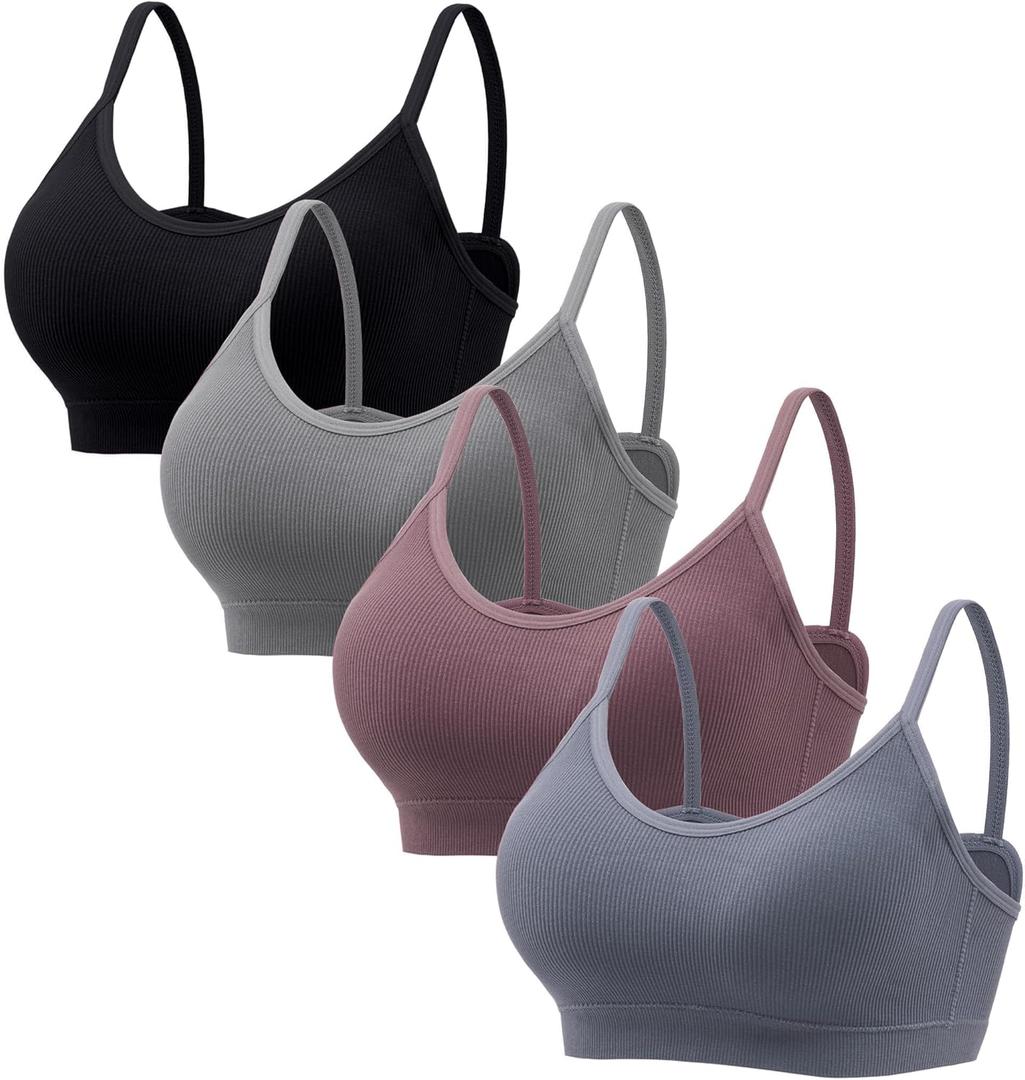 Angelhood Sports Cami Bras Pack for Women - Basic V-Neck Padded Seamless Bras with No Underwire (Large, Black/Gray/Mauve/Airy Blue)