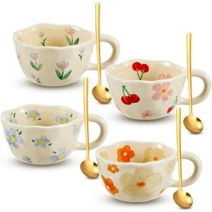 Vesici 4 Styles Cute Ceramic Flower Coffee Mug Set 8.5 oz Christmas Vintage Aesthetic Floral Tea Coffee Cup with Handle Dishwasher Microwave Safe for Woman Girls Gifts