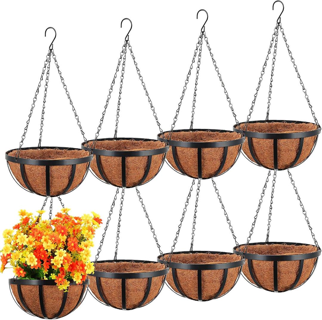 Didaey 8 Pcs Metal Hanging Basket with Coconut Coir Liner Hanging Flower Basket with Chain Indoor Outdoor Plant Flower Pot 10 Inch Round Wire Plant Holder for Garden, Patio, Deck, Porch Garden Decor