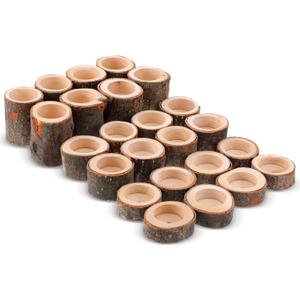 24PCS Wooden Tealight Candle Holder Set, Rustic Wood Tealight Holder with Natural Bark for Wedding Party Home Decor, 3 Sizes (1.6"/ 4cm Inner Diameter)