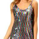 Allegra K Women's Glitter Sequin Dress Spaghetti Strap V Neck Party Cocktail Sparkly Mini Dress Clubwear (X-Large, Rainbow)