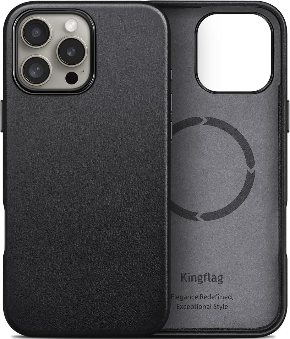 Genuine Leather Case for iPhone 16 Pro 6.3 inch, Oil Wax Top-Grain Leather, Compatible with MagSafe, Metal Buttons and Camera Bezel (Black)