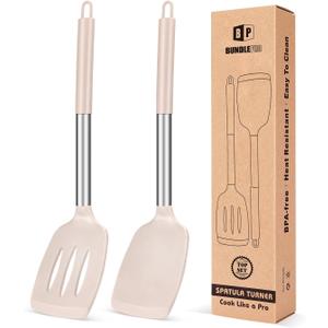 Pack of 2 Silicone Solid Turner, Non Stick Slotted Kitchen Spatulas, High Heat Resistant BPA Free Cooking Utensils, Ideal Cookware for Fish, Eggs, Pancakes (Stainless Steel Khaki)