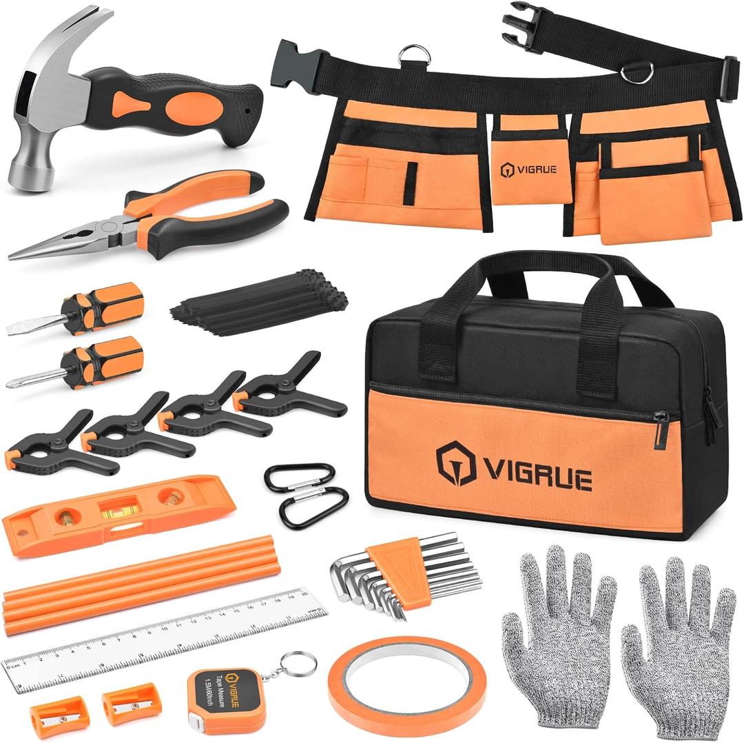 VIGRUE   , Children Gift Present Real Hand Tools Kit with Belt and Bag, Boy Builder Small Learning Accessories Construction Hammer Screwdriver for Home DIY Woodworking