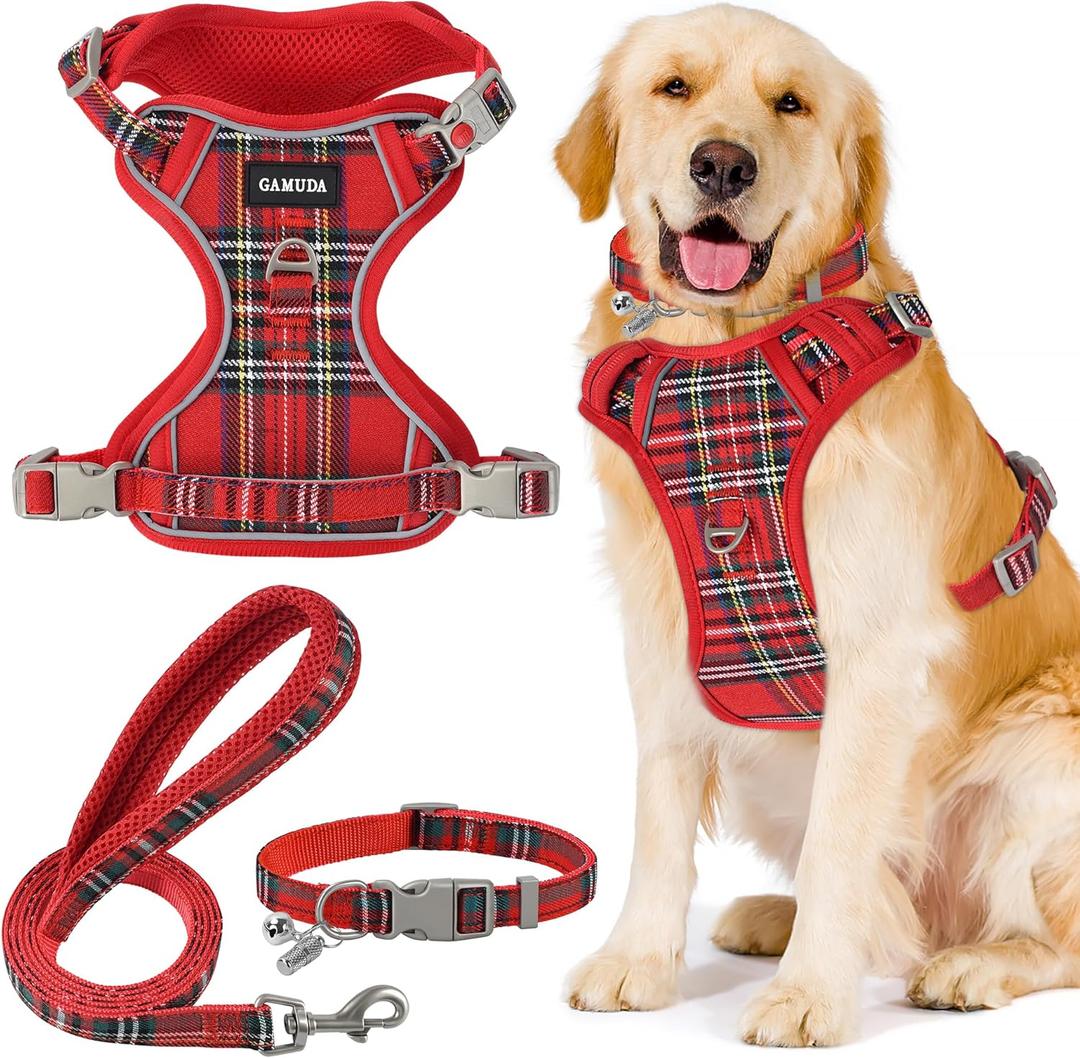 GAMUDA Dog Harness Collar and Leash Set, Dog Harness, No Chock No Pull Adjustable Vest Harnesses Plaid Reflective for Medium Dog, Cat, Small Horse, Small Bull and Pig (Red, XL)