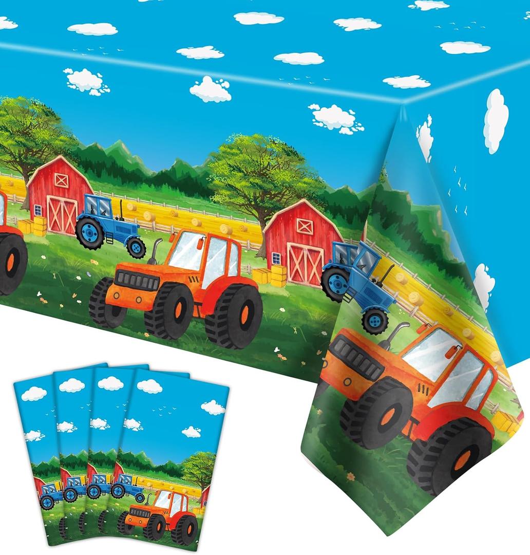 4 Pack Tractor Tablecloth Tractors Party Table Covers Farm Table Cloth Barnyard Theme Plastic Rectangle Tablecloth Tractor Birthday Party Decorations Farm Themed Birthday Supplies 86 x 51 Inch