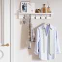 BAMEOS Wall-Mounted Wood Shelf with 5 Dual Hooks for Bathroom, Living Room, Bedroom (White-with Shelf)