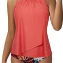 SUUKSESS Women Tummy Control Tankini Bathing Suit Ruffle High Waisted Swimsuit (Orange, L)