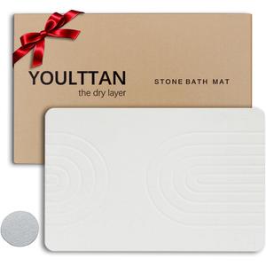 Stone Bath Mat 24"x16" - Diatomaceous Earth Shower Mat, Quick Dry, Anti-Slip, Modern Design with Bonus Non-Slip Pad - Perfect for Home Safety and Style, White,Semicircle