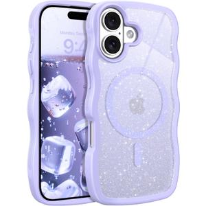 BENTOBEN Magnetic for iPhone 17 Case Clear Glitter, Cute Curly Wave Frame iPhone17 Phone Case with Magsafe, Girls Women Shockproof Shiny Cover for iPhone 17 6.3", Lavender Purple Glitter