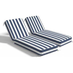 Outdoor Chaise Lounge Cushion Set of 2, Olefin Waterproof & Fade Resistant, Patio Lounge Chair Cushion, Thick Lounger Pad with Removable Cove, 75 x 23 x 6 Inches, Stripe Blue and White