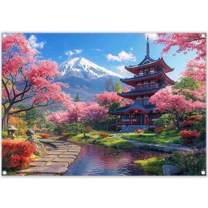Fabric 7x5ft Japanese Spring Blooming Cherry Flowers Bokeh Photography Backdrop Snow Mountain Courtyard Background Party Decoration Photo Banner Booth