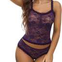 Avidlove Sexy Pajama Set for Women Floral Lace Lingerie Set Sheer Sleepwear See Through Lace Shorts PJ Set (Small, Purple)