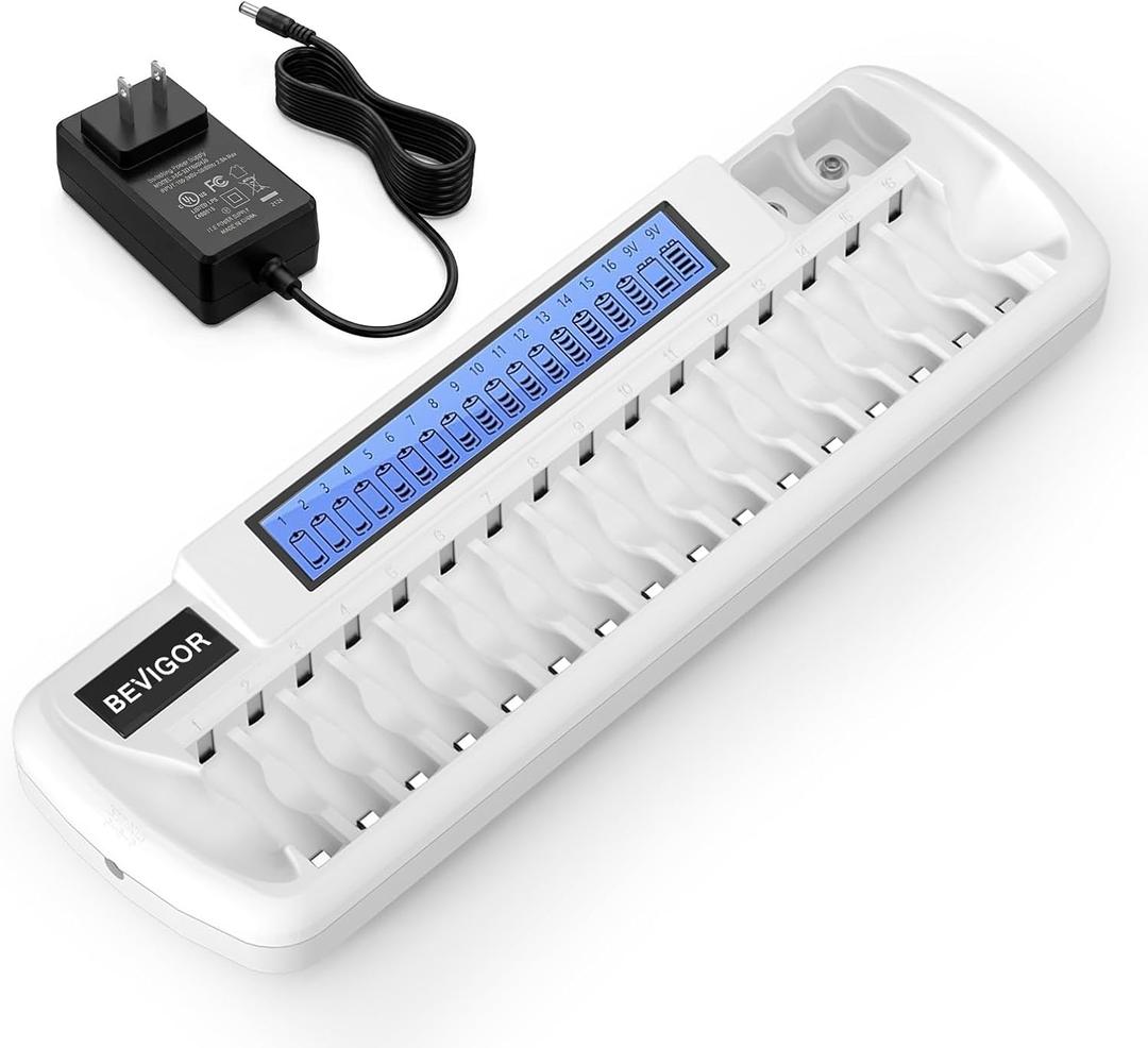 BEVIGOR 18 Bay Battery Charger for AA AAA 9V NiMH NiCD Rechargeable Batteries, Independent Charging, LCD Display, AC Adapter, Type-C USB, Batteries Not Included - White