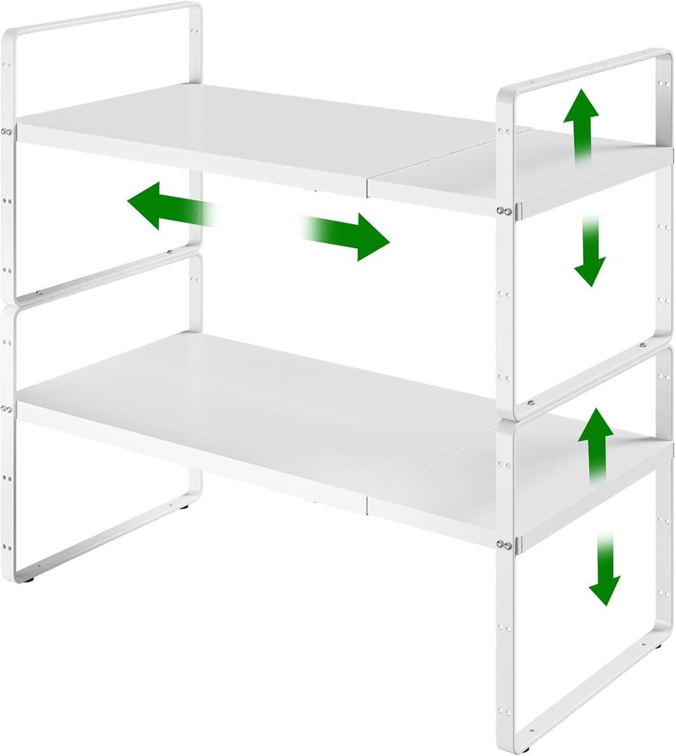 Expandable Cabinet Organizer Shelf, Adjustable Height Organizer Riser for Kitchen Cabinet Spice Rack Locker Pantry Cupboard Under Sink Countertop Desk Organization Metal Stackable Shelves (16.5"-27" L x 8" W x 9.6" H, White-2pack)