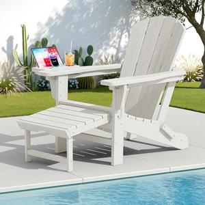 KINGYES Adjustable Folding Adirondack Chair with Footrest & 4-in-1 Multi-Functional Armrest Organizer, HDPE Foldable Reclining Adirondack Chair with Pull-Out Ottoman, White