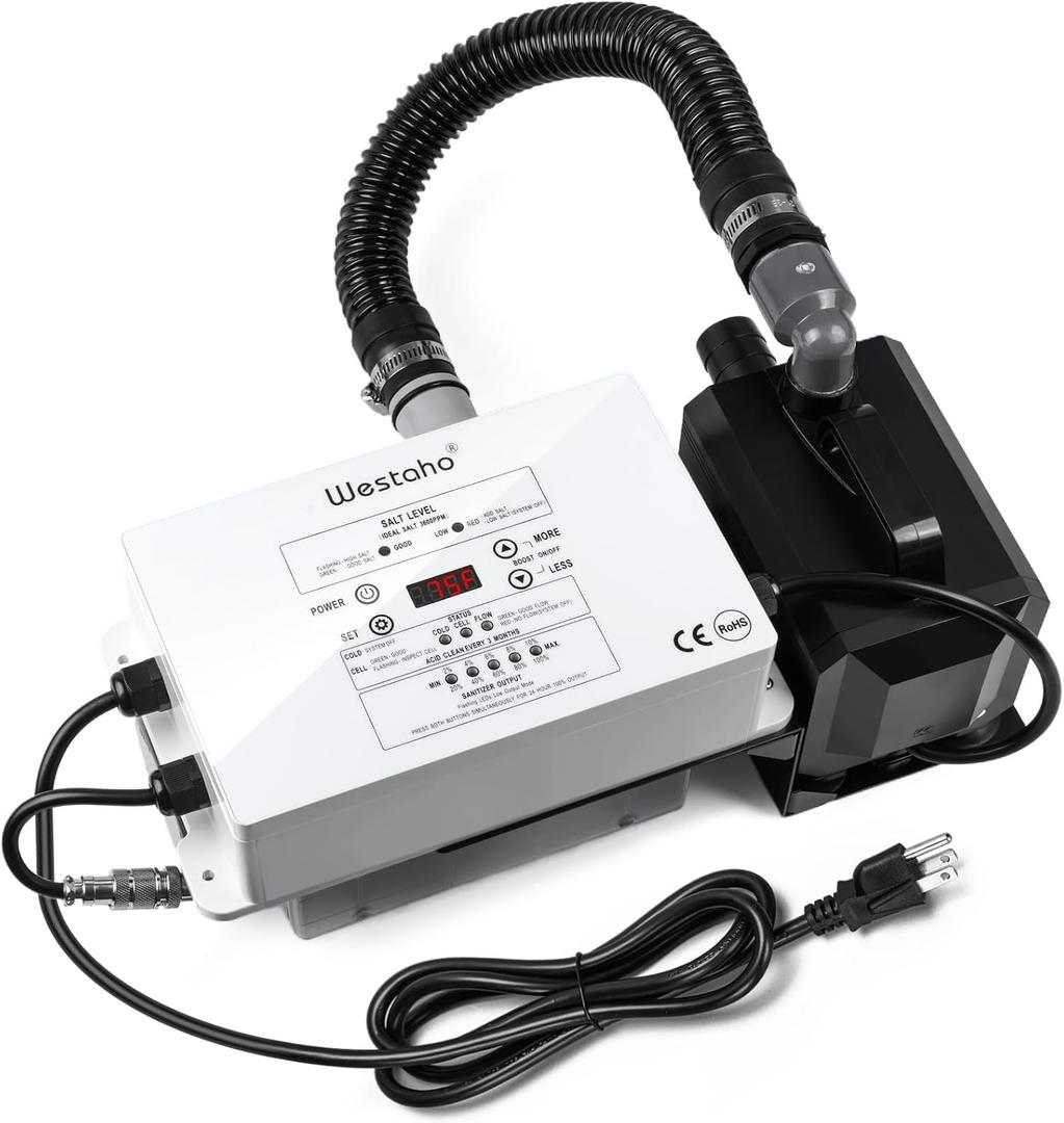 Salt Chlorine Generator & Pool Pump, Westaho Salt Water Pool Chlorinator System with Integrated Design, USA Made Titanium Cell, Designed for Above Ground Pools Up to 15,000 Gallons