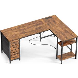 Huuger 55 Inch L Shaped Desk with Fabric Drawers, Reversible Computer Gaming Desk with Power Outlets and USB-C Port, Adjustable Side Storage Shelves, for Work Study Corner Home Office, Rustic Brown