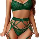 Avidlove Lingerie For Women Floral Lace Garter Lingerie Set Underwire Bra Panty Set With 1pair Leg Ring (XX-Large, Green)