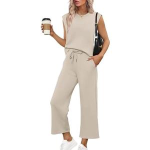 SAMPEEL Two Piece Sets for Women Casual Travel Vacation Outfits Summer Wide Leg Crop Pants Lounge Sets Size M