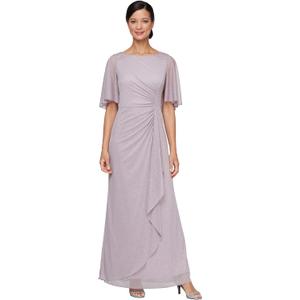 S.L. Fashions Womens Glitter Mesh Stretch Dress W/Shoulder Embellishment Formal Long Gown, (Petite and Regular Sizes) (8, Mauve)