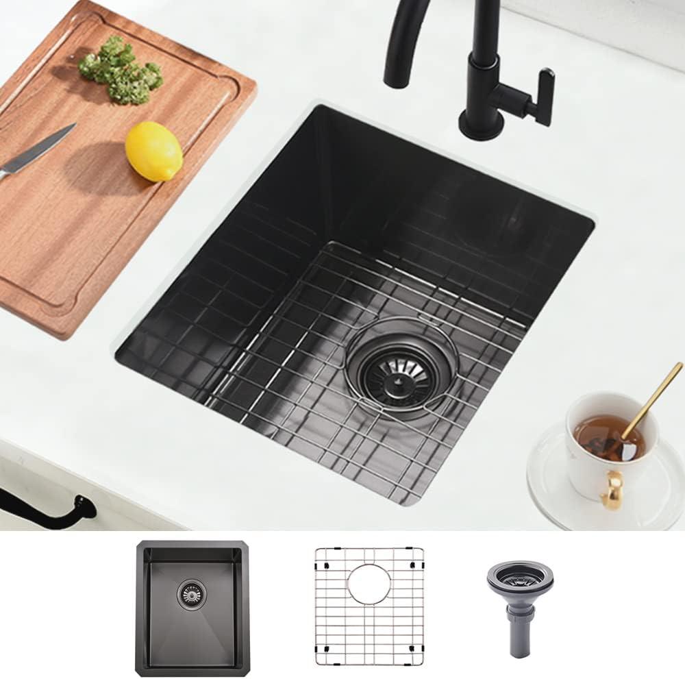 Black Undermount Bar Sink, 15 x 17 inch Undermount Kitchen Sink Small Wet Bar 16 Gauge Stainless Steel Single Bowl for Outdoor RV