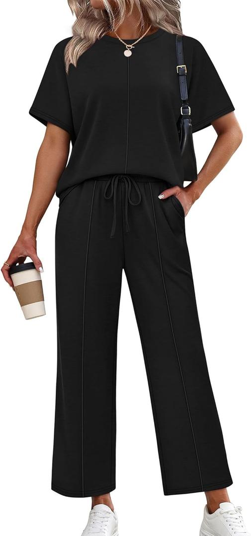 Sampeel Two Piece Sets for Women Summer Oversized Short Sleeve Wide Leg Pants Lounge Travel Vacation Outfits Clothes (Black, S)