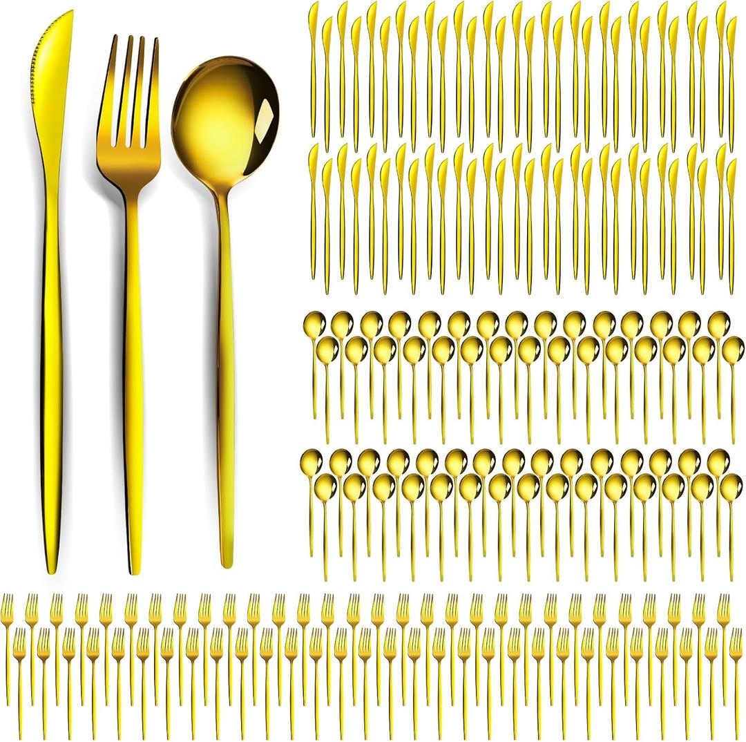 180 Pcs Gold Silverware Bulk for 60 Stainless Steel Flatware Reusable Utensils Knives Spoons and Forks Cutlery for Kitchen Restaurant Service Wedding