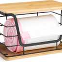 ALOCEO Large Wire Basket for Kitchen Pantry, Stainless Steel Kitchen Counter Organizer for Potato Onion, Trash Bag Dispenser Under Sink with Bamboo Top, Black (1-Pack - XL Bamboo Bottom Black)