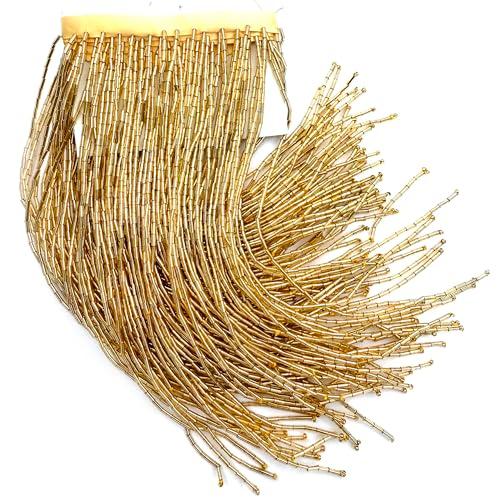 Labellezalady 8" Wide,36" Length Gold Glass Beaded Trim, Ribbon Tassel Fringe Trim for Crafts DIY Dress Clothes Decoration (Gold, Wide:8 in)