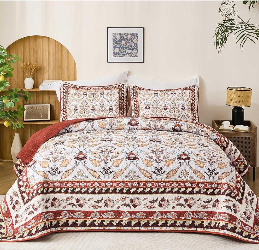 DJY Queen Size Quilt Sets, Burgundy Floral Quilt Set Queen 3 Pieces Red Boho Bedspread Coverlet Set with 2 Pillowcases Soft Lightweight Microfiber Bedding for All Season (96"x90")