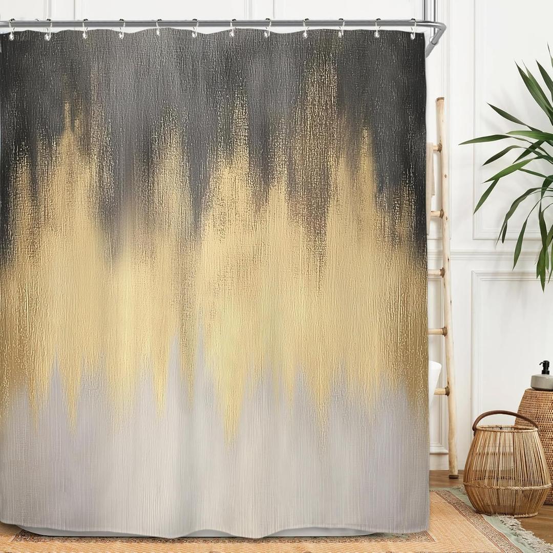 Miyotaa Abstract Gray Gold Modern Shower Curtain Set 60Wx71H Inches Contemporary Minimalist Neutral Art Waterproof Bathroom Curtain with 12 Hooks