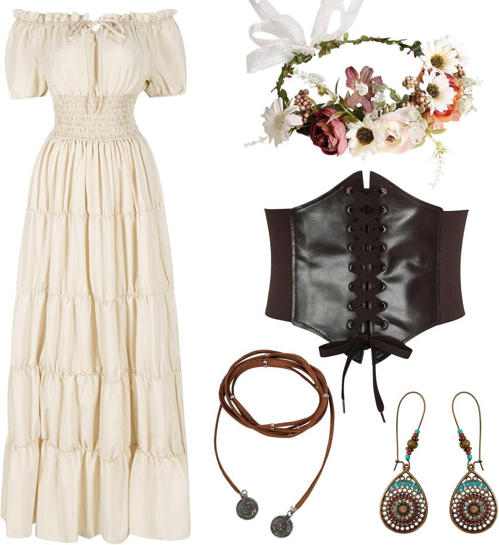 HSDOU 5 Pcs Renaissance Medieval Costume Dress Women Fairy Dress Peasant Cottagecore Dress 1700s Victorian Fairy Costume (3X-Large, Z3768wh)