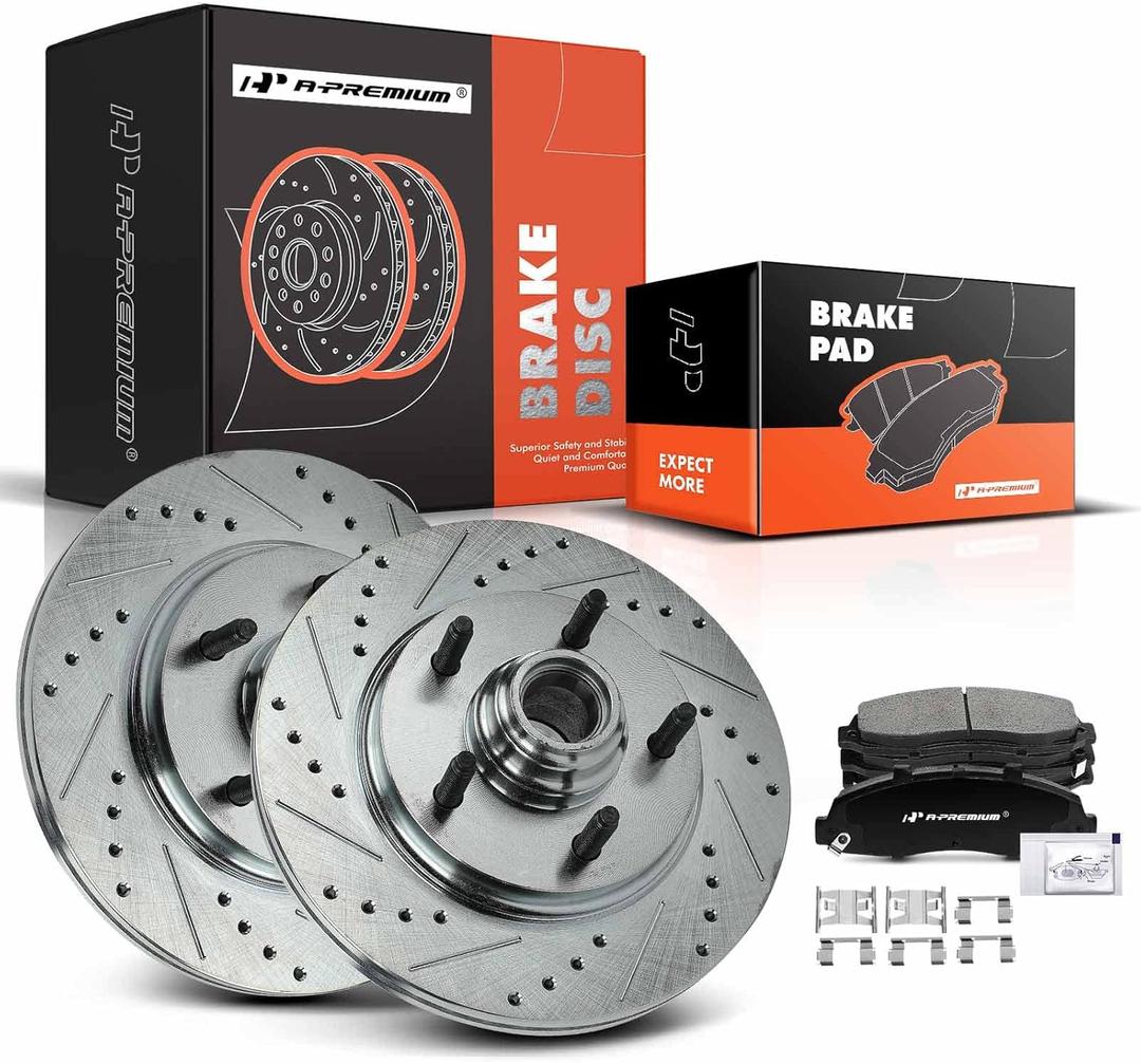 A-Premium 12.13 inch (308mm) Front Drilled and Slotted Disc Brake Rotors + Ceramic Pads Kit Compatible with Select Ford and Lincoln Models - F-150 2000-2003 (RWD), Lincoln Blackwood 2002, 6-PC Set