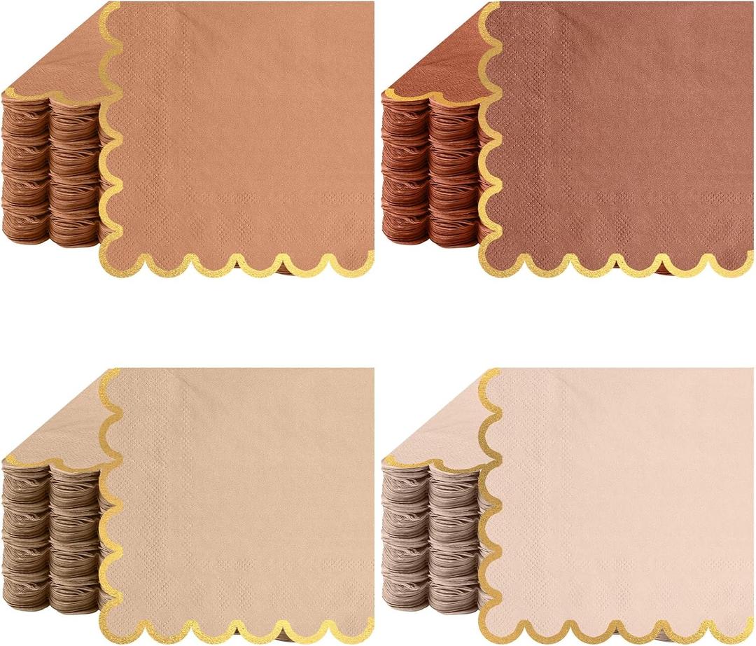 100 Pack Scalloped Cocktail Napkins with Gold Foil Accents Beverage Napkins Scalloped Disposable Paper Napkins for Wedding Shower Baby Dinner Birthday Party Supplies 5 x 5'' (Earth Tone)