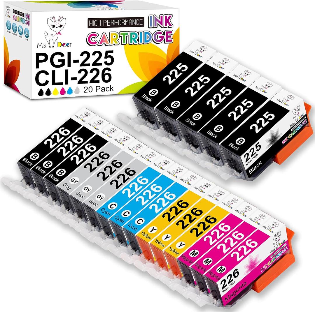 PGI-225 CLI-226 Ink Cartridges 20-Pack Miss Deer Compatible Replacement for Canon PGI225 CLI226 Combo for Pixma MG6220 MG6120 MG8120 MG8220 MG8120B Printer (3 Gray, 5 Large Black, 3 C/M/Y/Small Black)