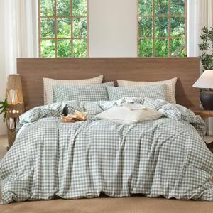 MooMee Gingham Duvet Cover Set 100% Washed Cotton Linen Like Textured Breathable Durable Soft Comfy Modern Checkered Design (Sage Green Gingham, King 104"x90")