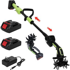 21V 2-in-1 Cordless Tiller Cultivator 235RPM with 2×1.5Ah Batteries
2-in-1 Hand held Tiller 21V 235RPM 2×1.5Ah Batteries, 4in Tilling Width, Lightweight Handheld Rototiller with Pole