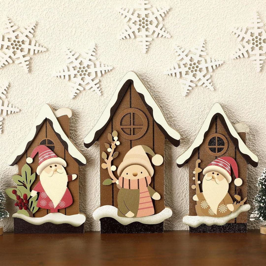 Redbaker 3 Pcs Christmas Decorations Indoor Wooden Gnome Table Decor Vintage House Block Sign Rustic Farmhouse Christmas Tiered Tray Decor for Xmas Home Office Tabletop Mantel Shelf Desk Party