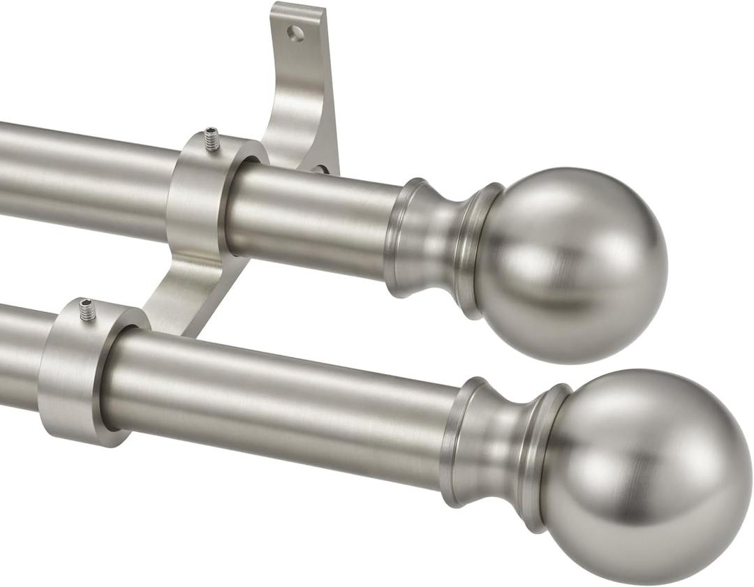 Double Window Curtain Rods, 1Inch Back and Front Rod, 72-144 Adjustable Length, With Same Size Round Finials Dual Curtain Rod, Matte Nickel