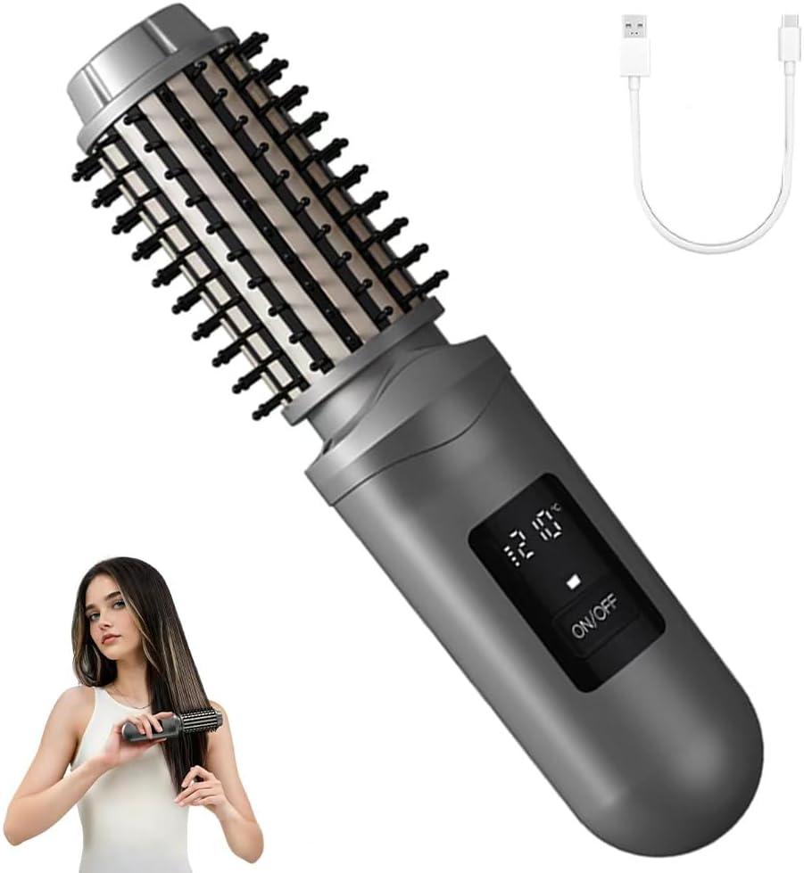 Cordless Hair Curling Iron Brush Rechargeable Battery-Powered, 3-in-1 Portable Hot Straightener Curling Comb 3 Temperature Settings with LCD Display