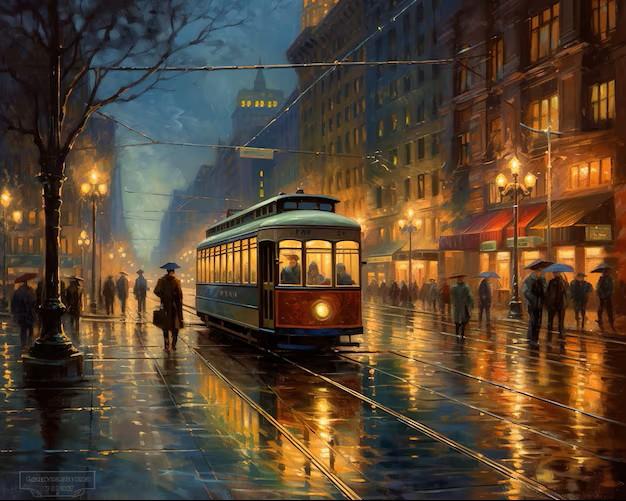 Blue Tram At Sunset With Church During Sunset Nautical & Coastal Framed Wall Art