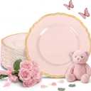 Hioasis 60pcs Pink Plastic Plates - Pink and Gold Disposable Dinnerware with Gold Rim, Heavy-duty, 10 inch, Dinner Plates for Party & Mothers Day