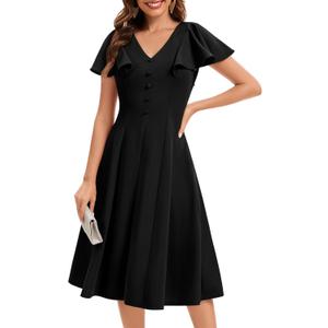 Bbonlinedress Vintage Cocktail Dress V Neck Women Formal Wedding Guest Retro Church Tea Length Mother of The Bride Dress (Black, M)