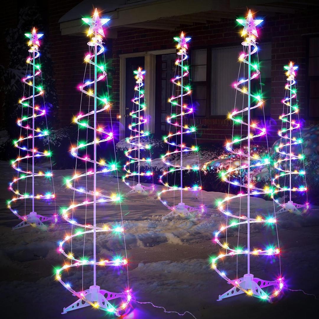 Macarrie 6 Pcs Spiral Christmas Tree Lights 3 ft 4 ft 6 ft Tall Outdoor Lighted Christmas Tree 125 LEDs Plug in Outdoor Decorations Tree and Star Topper for Xmas Yard Garden (Colorful)