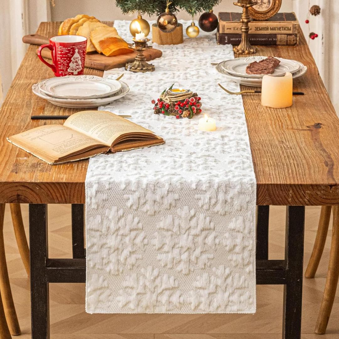 Christmas Table Runner, Winter Holiday White Snowflake Table Runners 90 inches LongXmas Indoor Farmhouse Home Kitchen Dining Table Decor