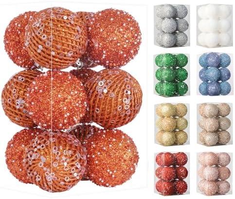 3.15" Christmas Ball Ornaments Glitter Shatterproof Christmas Tree Ornaments Sequin Xmas Hanging Balls Decorations for Wedding Party Holiday (Orange), 12 PCS