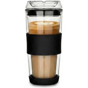 14oz Double Walled Glass Coffee Tumbler with Full Glass Lid & Silicone Sleeve - Non-Slip Insulated Travel Mug with Protective Bottom Bumper - 100% Plastic-Free