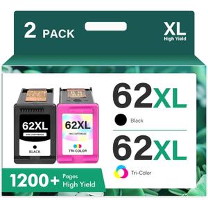 62XL 62 Ink Cartridges Black and Color Combo Pack Envy 7640 Remanufactured Replacement for HP 62XL 62 Ink Envy 5660 5540 7645 5740 5746 OfficeJet 250 200 Printer,Black,Tri-Color,2-Pack